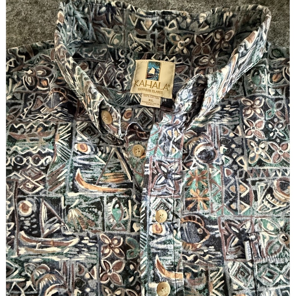 Kahala Hawaiian Shirt Mens XL Blue Tiki Fish Canoe Print Made In Hawaii